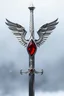 Placeholder: A silver rapier that has an open center and a blood colored gem in the hilt. It had 4 angel wings that form the guard