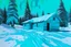 Placeholder: A cyan snowfield with a frozen cabin painted by Andy Warhol