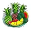 Placeholder: A tropical fruit platter with pineapple and watermelon slices, vibrant, refreshing, overhead lighting, T-shirt design graphic, vector, contour, white background