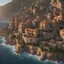 Placeholder: Ultra realistic, realistic, Carm sea sunset, (helicopter shot from over the ocean), Imagine a Renaissance coastal town gracefully carved into a flat towering cliff face, its honey-hued stone buildings cascading down the slope, each adorned with ornate balconies that offer breathtaking views of the tranquil seas below, 8k octane render, high detail, cinema style, Masterpiece, hyperdetailed, intricately detailed, Professional photography, bokeh, natural lighting, canon lens, shot on dslr 64 megap