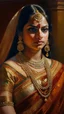 Placeholder: Oil painting portrait that resplendent charm of an Indian bride, draped in rich silks and adorned with shimmering jewels, her eyes aglow with anticipation and joy as she prepares to embark on a new journey.