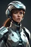 Placeholder: A female futuristic soldier with an athletic physique, a strong face, brown hair, a helmet