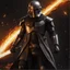 Placeholder: star wars bald male corellian pilot wearing pearlescent black and gunmetal grey First Order special forces heavy assault stealth commando armor and helmet with gold trim inside the jedi temple, hyperdetailed, dynamic lighting, hyperdetailed background, 8k resolution, volumetric lighting, light skin, fully symmetric details