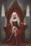 Placeholder: Beautiful white haired Vampire queen on her throne, drawing. Wearing a red cloak with a fur collar. Portrait, waist up