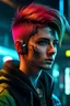 Placeholder: cyberpunk media with a light stubble and wild, dyed hair
