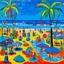 Placeholder: A blue beach with a resort designed in Mexican folk art alebrijes painted by Alexej von Jawlensky