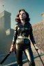 Placeholder: retro portrait image from 1960, city background, wind, long hair, young Scarlett Johansson, classic black tight lycra suit, metal stick weapon, gold bracelet and belt, high heel boots, soft color, highly detailed, unreal engine 5, ray tracing, RTX, lumen lighting, ultra detail, volumetric lighting, 3d, finely drawn, high definition, high resolution.