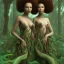 Placeholder: Painting .three women. A mother. Two daughter. Twins. A mother with her children. three young black women. wood nymphs emerging from the forest. Her hair looks like vines. Dreadlocs. Her skin is the colour of dark soil. Her skin looks like tree bark. Her clothing is made of vines, grass and leaves.