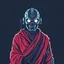 Placeholder: 8 bit pixelart of a terminator like robot, synthwave colored, vaporware, budist monk robe