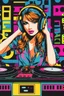 Placeholder: Pop art super model pretty girl with headphones playing music on a turntable, dj rave party disco club