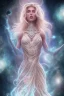 Placeholder: Create an image of a full body cosmic Goddess. The goddess should be depicted as a beautiful and powerful figure, surrounded by cosmic stars. Her hair should be long, blond and flowing, and she should be dressed in a flowing gown blue celestial robe. In the background, include imagery of pink flowers, blue sky,trees. The image should evoke a sense of joy, celebration, and spiritual connection to nature.