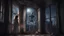 Placeholder: night scene, TALL vicious ALIEN robot creature climbs through the broken window of a Victorian house, it holds a girl's porcelain dolltoy doll and looks at it, outside the moon shines into the room. ultra realistic, epic, cinematic, widescreen,