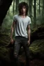 Placeholder: thin 17 year old boy with dark tangled and knotty hair and blue eyes wearing a ripped and dirty white teeshirt, in a forest , photorealistic, dark fantasy