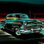 Placeholder: Detailed illustration of a [1957 Chevy], metallic body in [black], with subtle rust spots and faded paint details. The car is parked, chrome accents and custom wheels catching the light. The background shows [drag strip], with a [SKY GRADIENT COLORS]. The style is cinematic, bold, and vibrant, masterpiece digital painting with high detail and game-art inspired realism.