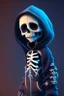 Placeholder: 8k animation image of an attractive skeleton boy, dressed in trendy hoody, in the style of tim burton