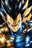 Placeholder: Poster in two gradually, a one side "vegeta face", another side "goku face", midle faces, painting by Yoji Shinkawa, darkblue and GOLD detailed iridescent, metallic, translucent, dramatic lighting, hyper futuristic, digital art, shot with Sony Alpha a9 Il and Sony FE 200-600mm f/5.6-6.3 G OSS lens, natural light, hyper realistic photograph, ultra detailed -ar 3:2 -q 2 -s 750,