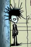 Placeholder: 2d drawing of a stickman, cool with punk hair, x eyes like in hangman, smart suit, leaning against a wall,3d realistic in colour