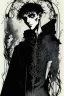 Placeholder: 17 year old boy, necromancer, friendly, looks dead, surrounded by weird smoke with eyes, wearing black robes, in the style of Harry Clarke