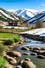 Placeholder: a ranch style home in a valley surrounded by snow capped mountains with a stream running through the property