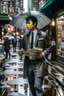 Placeholder: Werewolf in a suit walking the streets of Soho in the rain. He's holding a resraurant menu in his hand. There is a Chinese restaurant called Lee Ho Fuk's in the background. Photograph.