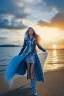 Placeholder: half body shot,realistic portrait of a 20-25 old caucasian model, long blue pink flowing hair, great grey eyes, blue leather jacket,full body, short white skirt,long legs,standing at beach of very nive lake with sunset ,clouds,godrayes