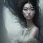 Placeholder: A portrait of a beautiful curvaceous japanese woman with long straight curly black hair, wearing a black lace dress with a deep v neck, sorceress, magical, ethereal, intricate, sharp lighting, misty. Painting, high quality, Ultra quality 8k.