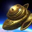 Placeholder: worn huge ornate starship made of brass, in space