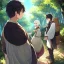 Placeholder: Girl with white hair. Boy with black hair wearing peasant clothes. Forest path background