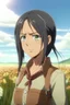 Placeholder: Attack on Titan screencap of an asian female with middle long, straight black hair and brown eyes. Beautiful background scenery of a flower field behind her. With studio art screencap.