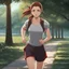 Placeholder: An Arrogant-Looking Young Woman With Pale Skin, Red Eyes, And Long Brown Hair Pulled Up In A Single, Straight Ponytail. Jogging in the park. Anime Style, High Definition, Greg Rutkowski, 8k Resolution, Intricate Details