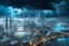 Placeholder: Dreamlike Skyline of Downtown futuristic hightech city in 4050 and a stunning futuristic Bridge During. dark sky, grey and black clouds , storm, dark azur-blue river, cold colors, come storm, rain, high detalied, sci-fi, landscape