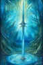 Placeholder: Ace of SWORDS tarot card arising hand from the water, a dreamy and mystical appearance magical runes glowing, shiny and shimmering, drawn with crayons, mystical moonlight ethereal aura surroundings, soft and dreamy color palette, artistic, hand-drawn, mystical, fantasy, ethereal aura, soft color palette, dreamy lighting with blue palette of colors