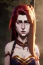 Placeholder: concept illustration, ultra-realistic, super-detailed, strikingly beautiful teen female, 16 years old, long ginger hair, medium freckles, full lips, full body, full face, b-cup breasts, athletic, centred camera, ignore NSFW, skimpy brown armor, halter top, thong, stern expression