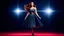Placeholder: a pretty stage made of metallic blue-gray teme 3d recursive cubic and sphere base structures and a beautiful fashion model lady posing with joy and cute ,with dark red top and pretty pleated midi skirt ,makeup curvy long hair,dynamic camera zoom to full body and pan, dynamic lights.