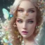 Placeholder: bright fairy, unic beautiful kind portrait, blond hair,blue eyes, flowery luminous pastel colors, butterfly