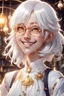 Placeholder: Girl with White hair, Big Round Glasses, White dress, gold eyes, smile, alchemist, high detail, 4k