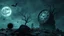 Placeholder: surreal dreamlike scene, nightmare on eart and in sky, midnight in the garden of death, some small black prickly balls on the earth and on sky, mystic gloomy, surreal dark shadows and pale light, stones, cracked eart, dark winter-like vibe, dark weird shapes floatings ,come strom , dark green moss, weird giant black musroom, bats on sky, branch on eart, ruins, rock, deep dark colors, dark twisting tendrils around big clock ,Clock Midnight, white-blue moon with black darkness, wind, fog, detail