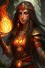 Placeholder: Female eladrin druid with fire abilities. long hair made from fire. Tanned skin. Big red eyes with touch of fire .