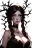 Placeholder: Young beautiful female Hexblood Warlock, long dark brown-black hair styled in elegant half-braids, glowing pale emerald-green eyes, delicate facial features. Thin twisted black thorn-like branches grow naturally from one side of her head, weaving seamlessly through her hair like an eerie crown, with tiny dark leaves and vine-like roots blending into her scalp. Faint dark vine markings trail along her neck and collarbone. Dark fantasy, realistic, cinematic, highly detailed.