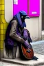 Placeholder: One single mature homeless crow with worn out clothes, sitting in a corner on the street, guitar standing on the left side, Vienna, mourning, perfect iris, colours, model style, hyper realistic, extremely accurate, delicate, extremely detailed, Graphic novel style, wide-angle, open aperture, superfine pencil