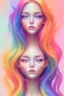 Placeholder: girl, cute, beautiful, long hair, rainbow hair, rainbow dress, soft pastel, freckles, close up portrait water colors