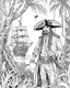 Placeholder: Pirates of the Caribbean: Jack Sparrow's Jungle Adventure Coloring Page: Design an adventurous coloring page inspired by the Pirates of the Caribbean movie, featuring Jack Sparrow navigating a dense jungle on a quest. Remove black color backgrounds and lines as much as possible, allowing kids to focus on coloring towering trees, wild animals, and hidden paths. This black-and-white canvas invites young artists to bring the excitement of Jack Sparrow's jungle exploration to life in their imaginati