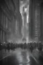 Placeholder: black and white front view photo of an army of armored knights on theirs horses running in a New York street under the rain with high buildings in the background blurred, highly detailed, photorealistic, stormy sky, buildings, 4k, photo with atmosphere