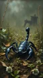 Placeholder: A black scorpion , in a forgotten battlefield overrun by vegetation, cutesy tiktok detailed oil painting, grainy, old style