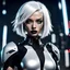 Placeholder: white haired futuristic Amazon warrior, short hairstyle, dark eyeshadow, black lipstick, black bodysuit, relaxed confident powerful intense, anime style