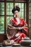 Placeholder: Ultra realistic photo beautiful geisha woman beauty ,one person young adult beautiful woman, sitting, clothing, women adult ,fashion dress, young women, beautiful people, indoors, full length hairstyle , ,smiling ,window looking ,sitting on floor contemplation ,floral pattern , futuristic style, HOF, captured with professional DSLR camera, 64k, ultra detailed,