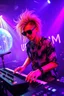 Placeholder: French cool synth player with crazy techno acid hair, he is called "Jean-Maurice Brûlée" performing at dance club, his name is "Jean-Maurice Brûlée" , white and purple Neon lights and purple smog, yellow shower rain, and "URINIUM" big sign on the wall, he is playing on synthesizers on stage with lot of laser beams and wearing black sunglasses, an earth is projected in background
