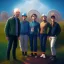 Placeholder: people posing in front of factory Simon Stalenhag style