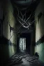 Placeholder: the walls of the long corridor coming down onto you ,the slab is broken with trees growing from it and from the walls. the walls are fully tilted and is falling onto you. what you can see is only a frightening house which looks like it hadnt been used in years. the walls are all black with their paint ripping off