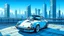 Placeholder: vintage porche 911, white paint with blue decales, in a futuristic garage, overlooking a city skyline, cartoon style